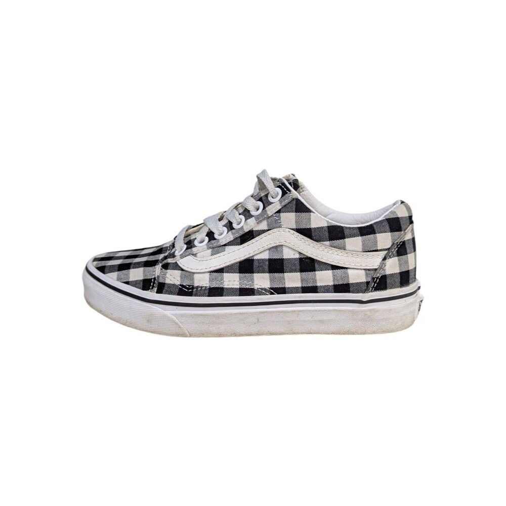 Vans Kids Black White Gingham Checked Lace Up Old Skool Shoes Sneaker Girls 4.0